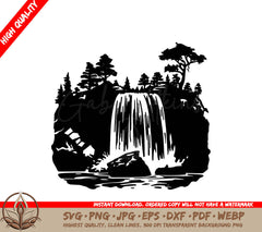 Waterfall Amidst Wooded Setting: Digital Art File (SVG, PNG, JPG, AI, PDF, DXF, EPS, WebP) 
