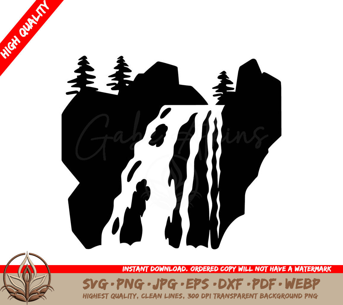 Waterfall in Forest Digital Design File (SVG, PNG, JPG, AI, PDF, DXF, EPS, WebP) 
