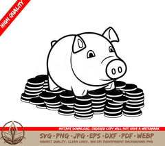 Wealthy Piggy Bank Digital Design Cut File in SVG, PNG, JPG, AI, PDF, DXF, EPS and WebP Formats 
