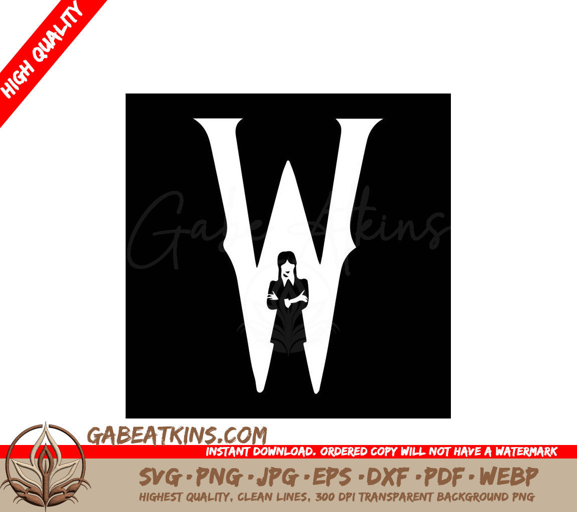 A Black And White Image Of A Woman Standing In The Letter W SVG - Wednesday Addams W SVG SVG