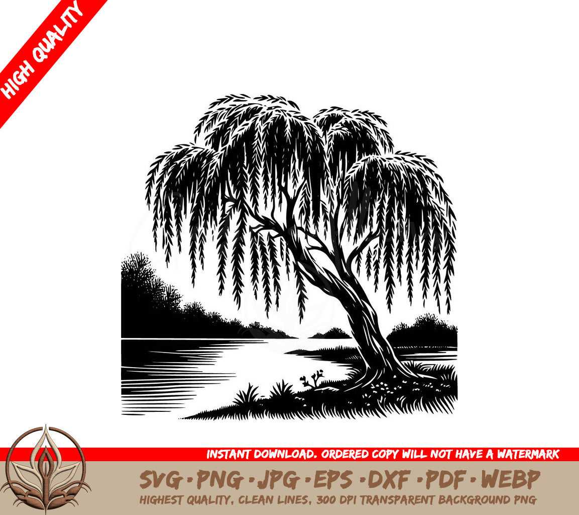 Weeping Willow Reflections Digital Design File (SVG, PNG, JPG, AI, PDF, DXF, EPS, WebP) 
