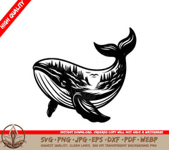 Whale Forest Majesty: Digital Design File (SVG, PNG, JPG, AI, PDF, DXF, EPS, WebP) 
