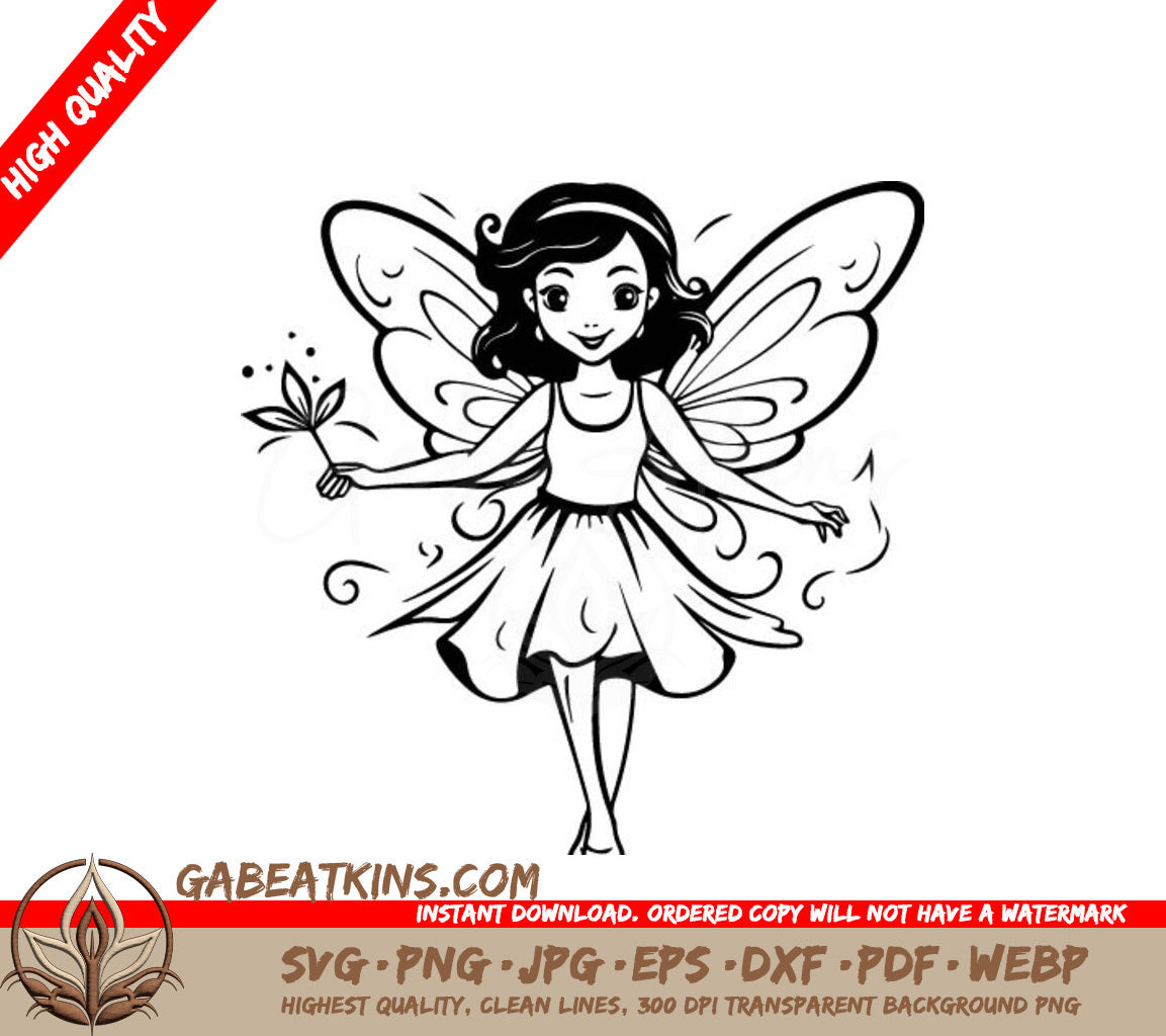 Whimsical  Fairy Holding Flower SVG - Cartoon Hand Drawing SVG