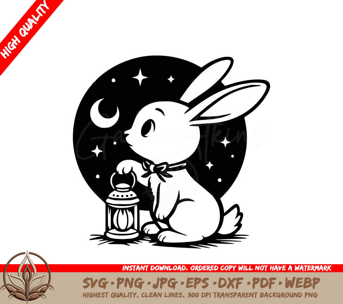 Whimsical Rabbit Night Digital Design File (SVG, PNG, JPG, AI, PDF, DXF, EPS, WebP) 
