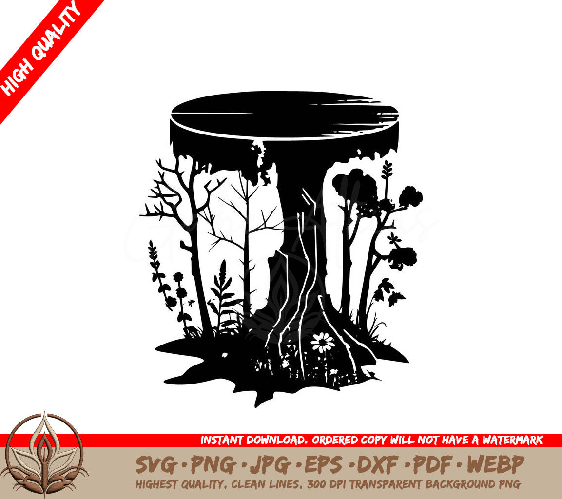 Whimsical Tree Stump Stool Digital Design Cut File in SVG, PNG, JPG, AI, PDF, DXF, EPS and WebP Formats 
