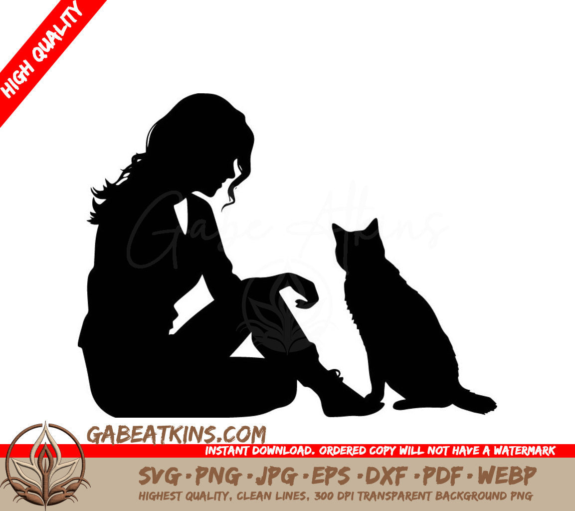 A Silhouette Of A Woman Sitting Next To A Cat SVG - Whiskered Love SVG