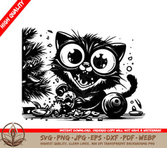 Wide-Eyed Xmas Cat: Digital Design File (SVG, PNG, JPG, AI, PDF, DXF, EPS, WebP) 
