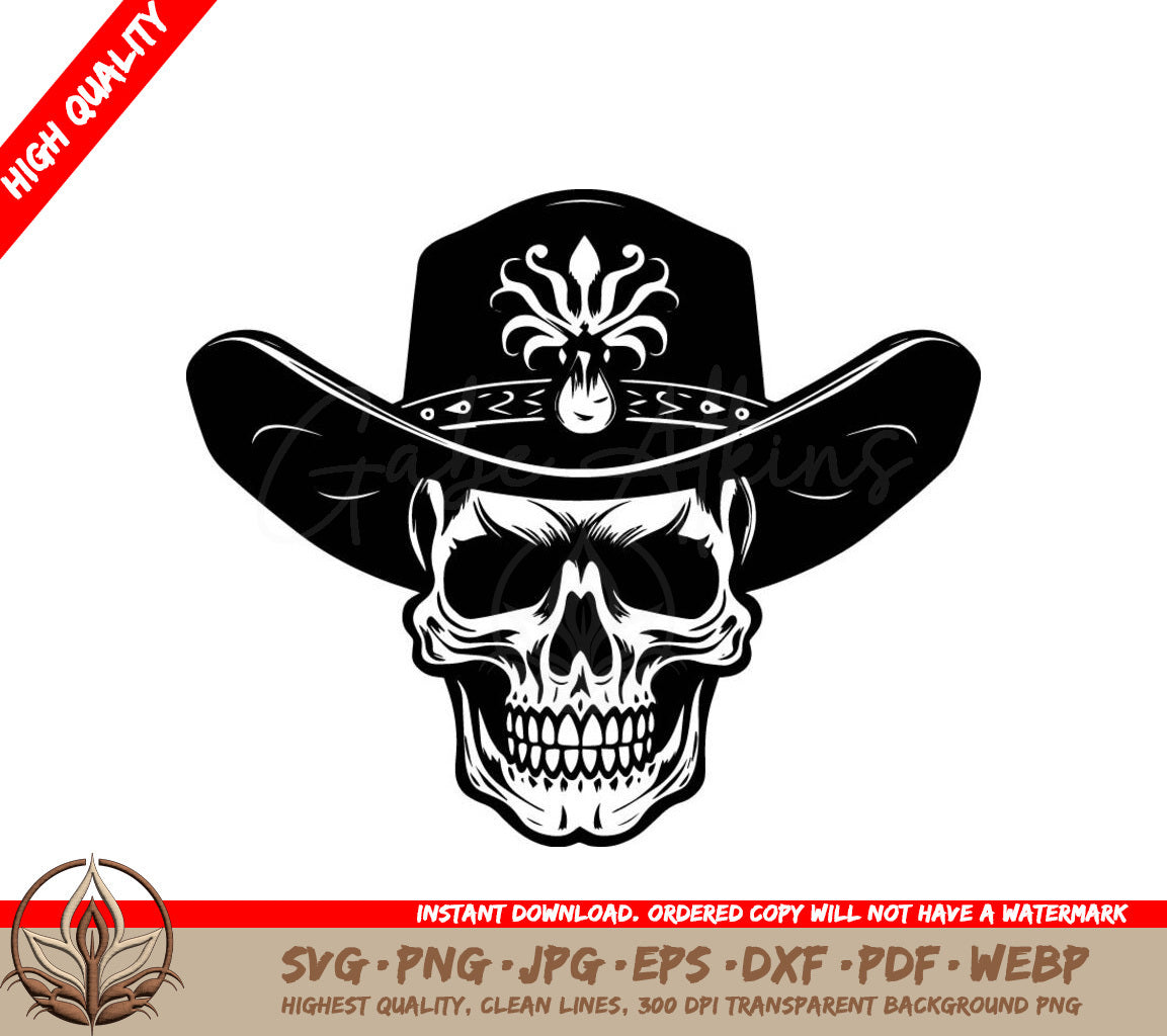 A Black And White Drawing Of A Skull Wearing A Cowboy Hat