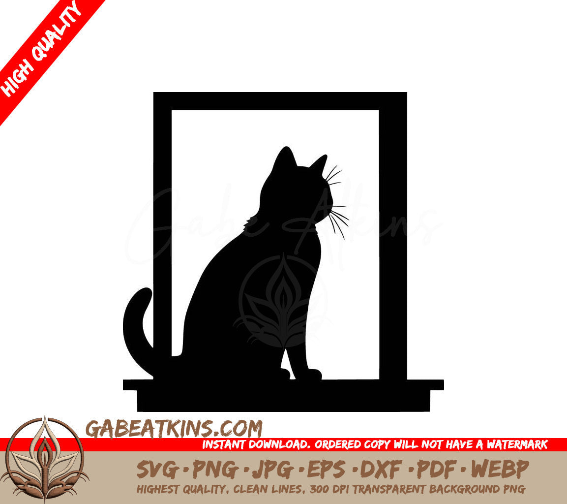 A Silhouette Of A Cat Sitting On A Window Sill SVG - Window Perched Cat SVG