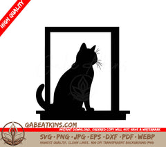 A Silhouette Of A Cat Sitting On A Window Sill SVG - Window Perched Cat SVG