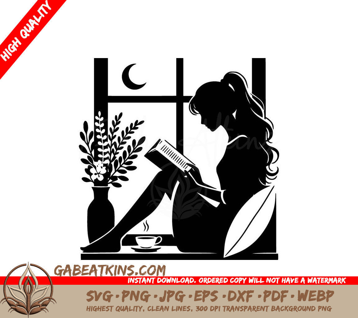  A Woman Reading A Book SVG - Window Reading Escape SVG