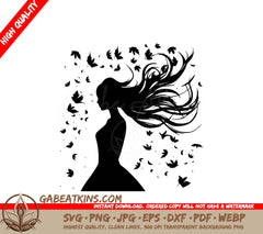 A Silhouette Of A Woman With Long Hair Blowing In The Wind SVG - Windswept Woman SVG