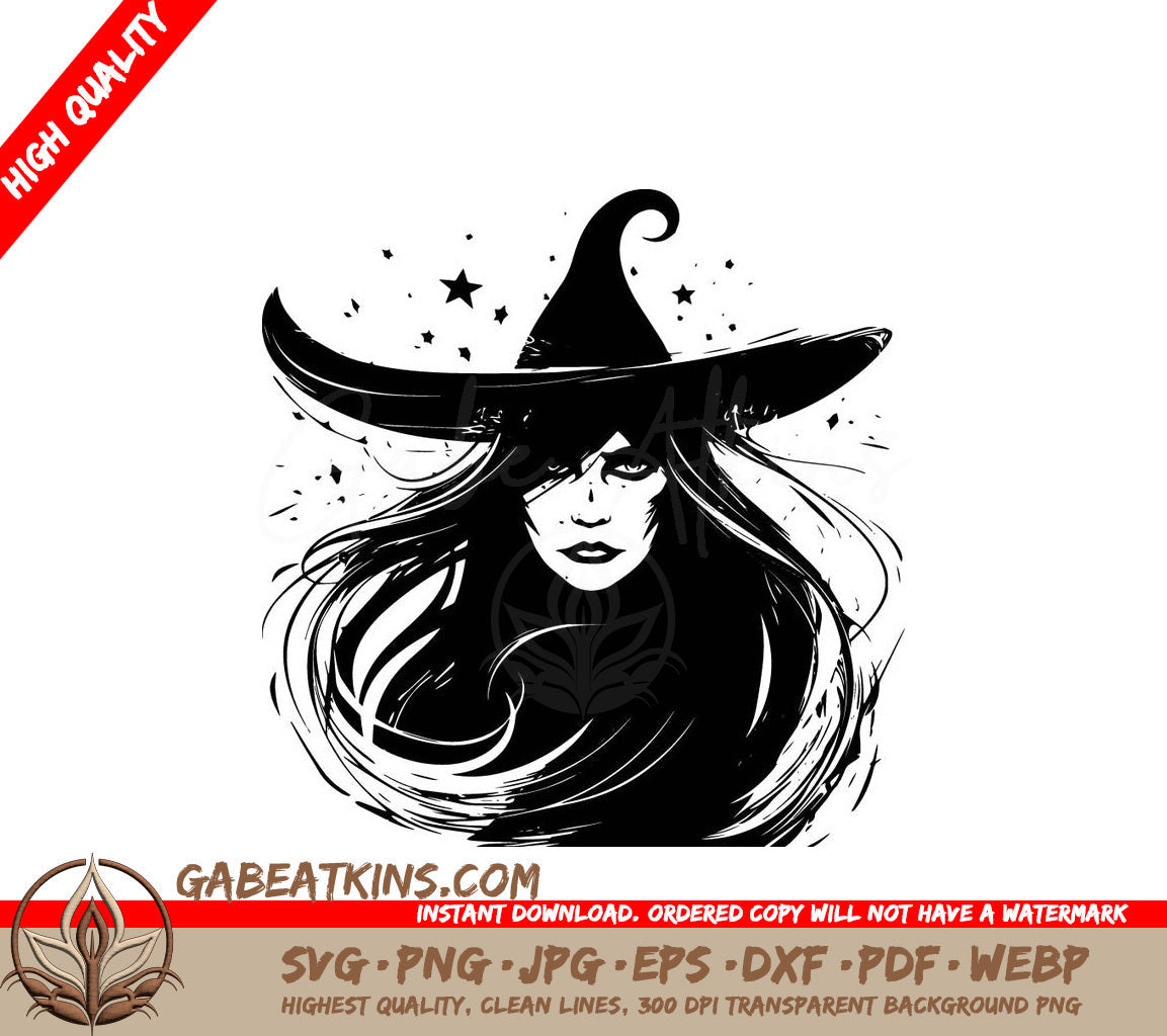 A Black And White Drawing Of A Witch With Long Hair