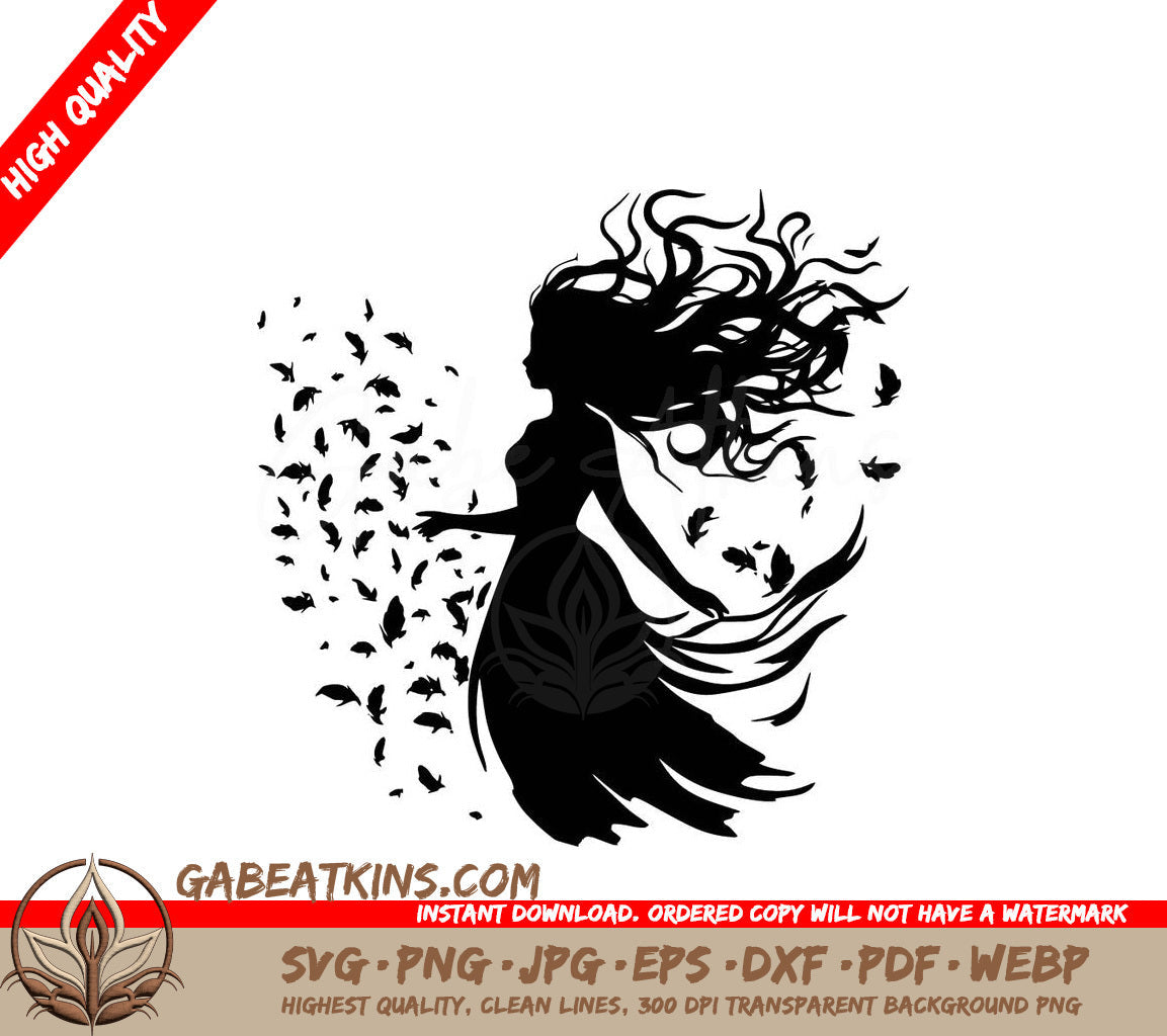 A Silhouette Of A Woman With Feathers Coming Out Of Her Hair SVG - Windy Woman SVG