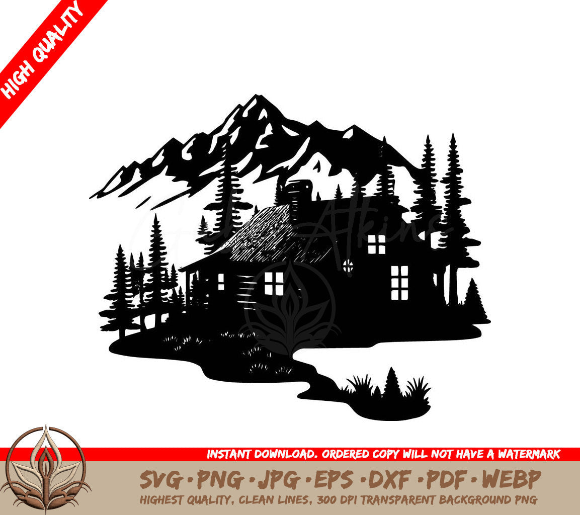 Winter Cabin Digital Design Cut File (SVG, PNG, JPG, AI, PDF, DXF, EPS, WebP) 
