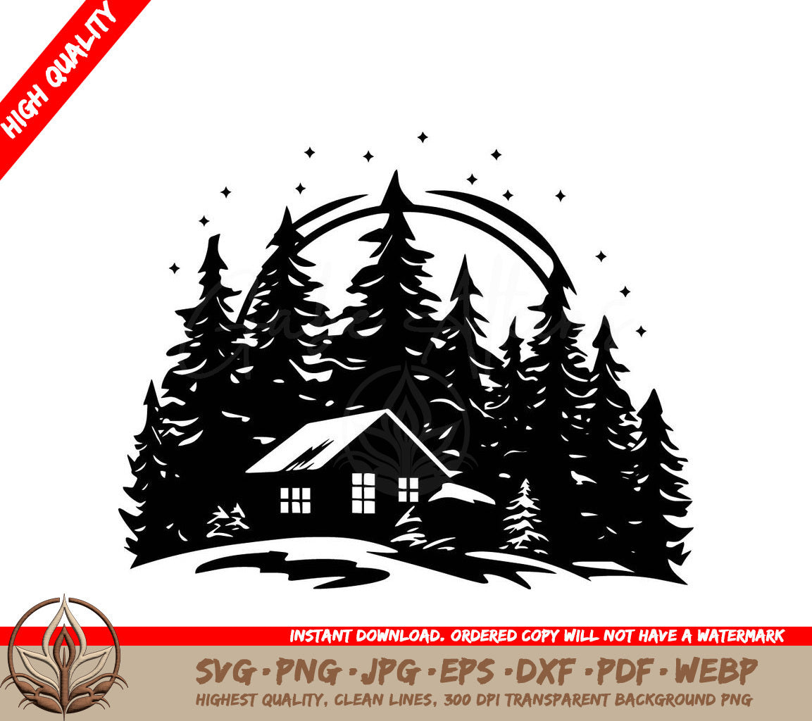 Winter Cabin Retreat - Digital Design Cut File (SVG, PNG, JPG, AI, PDF, DXF, EPS, WebP) 
