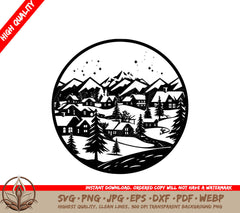 Winter Mountain Village Digital Design Cut File in SVG PNG JPG AI PDF DXF EPS and WebP Formats 
