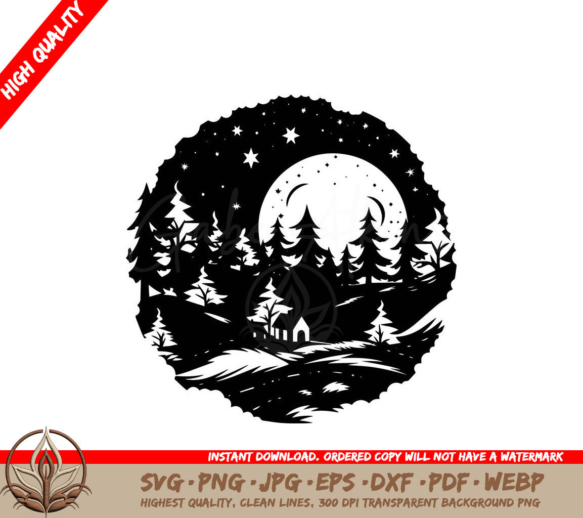 Winter Night Landscape: Digital Design File (SVG, PNG, JPG, AI, PDF, DXF, EPS, WebP) 
