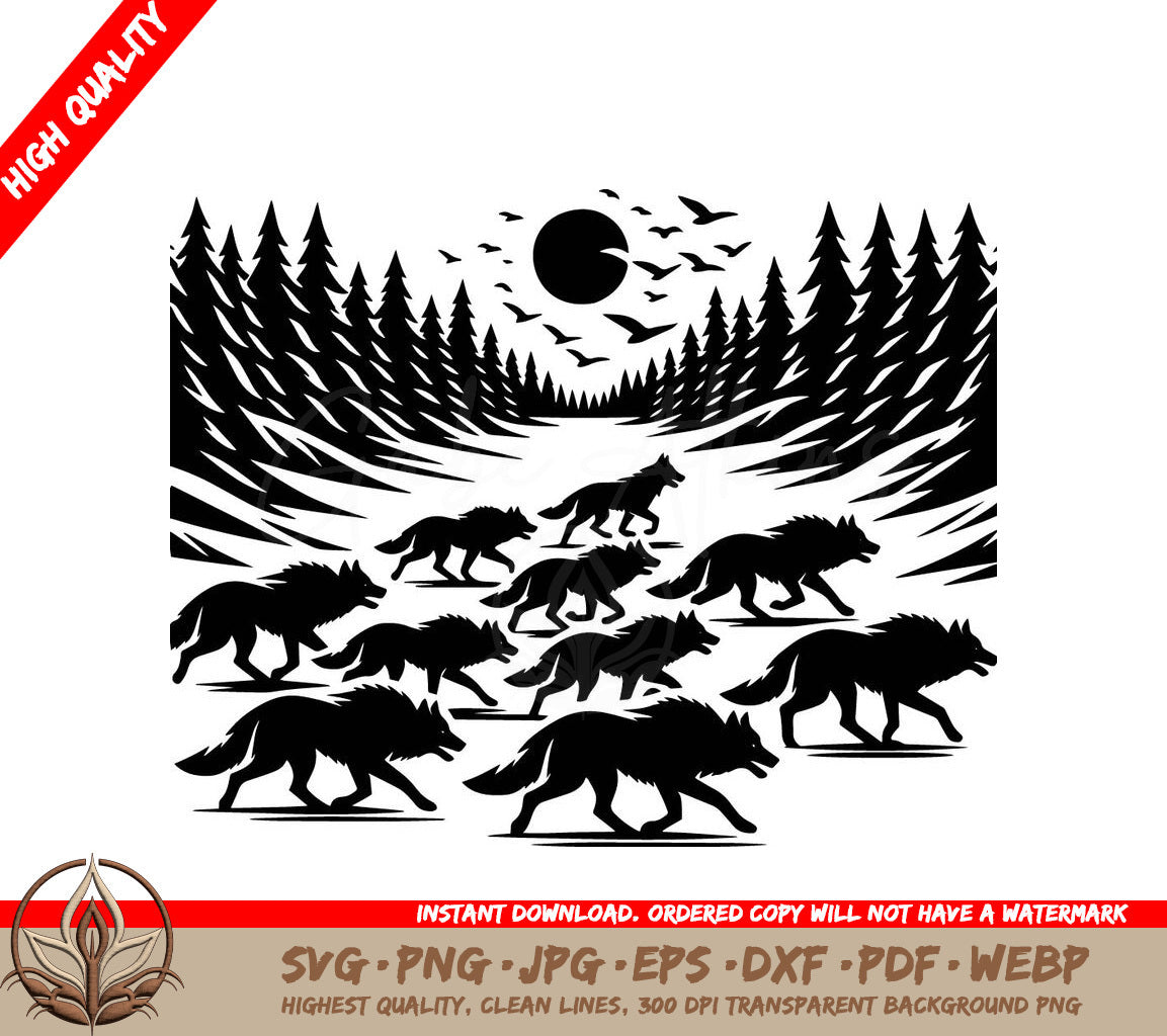 Winter Wolf Run Digital Design File (SVG, PNG, JPG, AI, PDF, DXF, EPS, WebP) 
