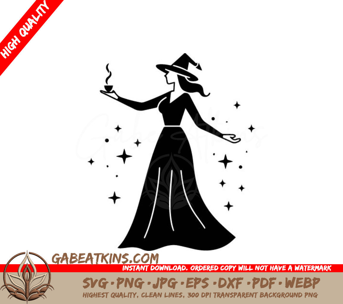  Witch Coffee Silhouette SVG - Steaming Cup & Stars SVG