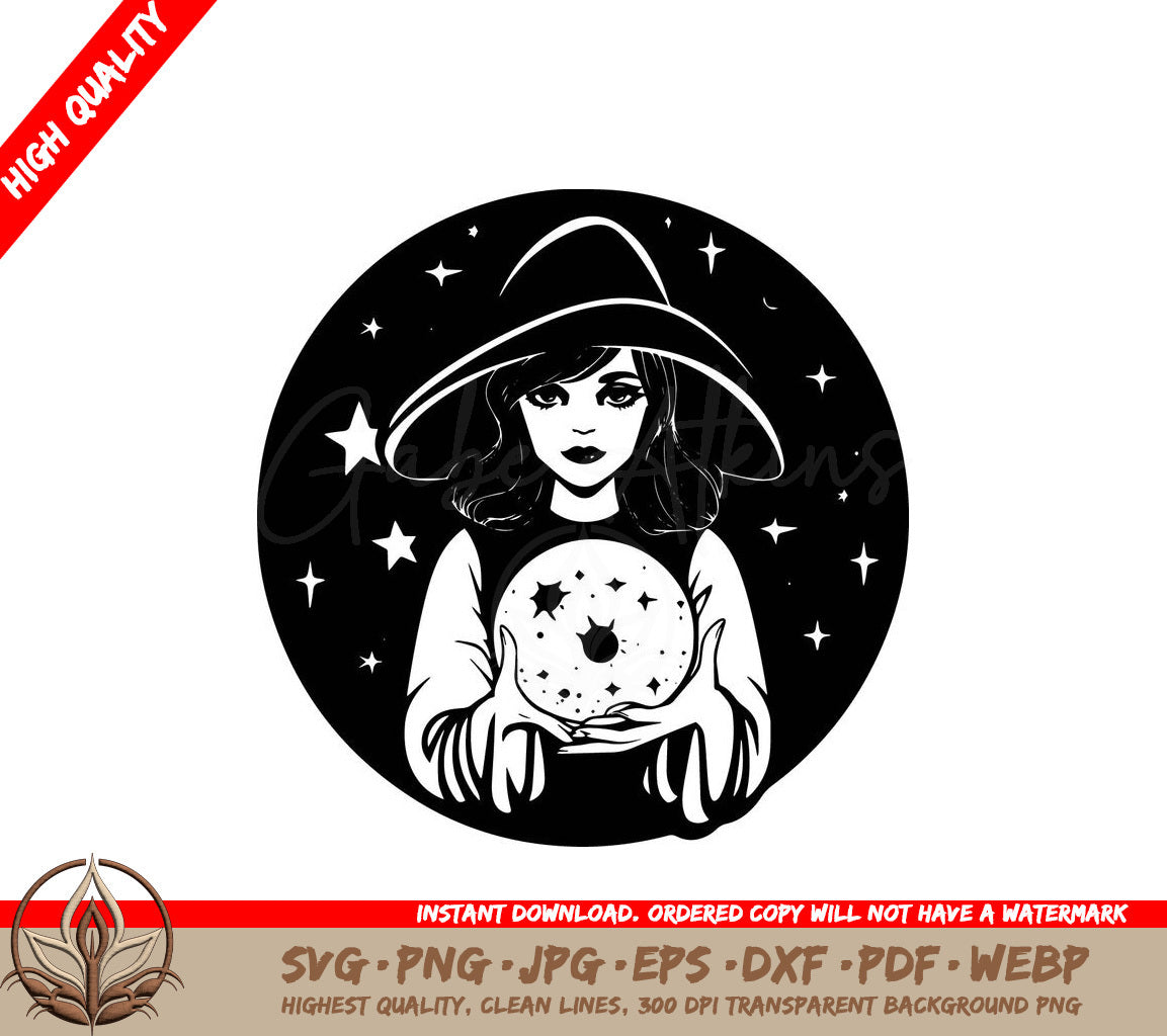 Witch with Crystal Ball SVG, PNG, JPG, AI, PDF, DXF, EPS and WebP - Digital Download 
