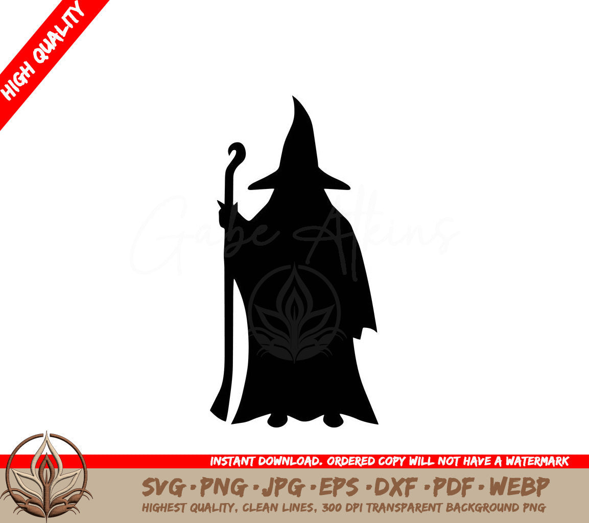 Wizard with Staff Silhouette Digital Design Cut File in SVG, PNG, JPG, AI, PDF, DXF, EPS and WebP Formats 
