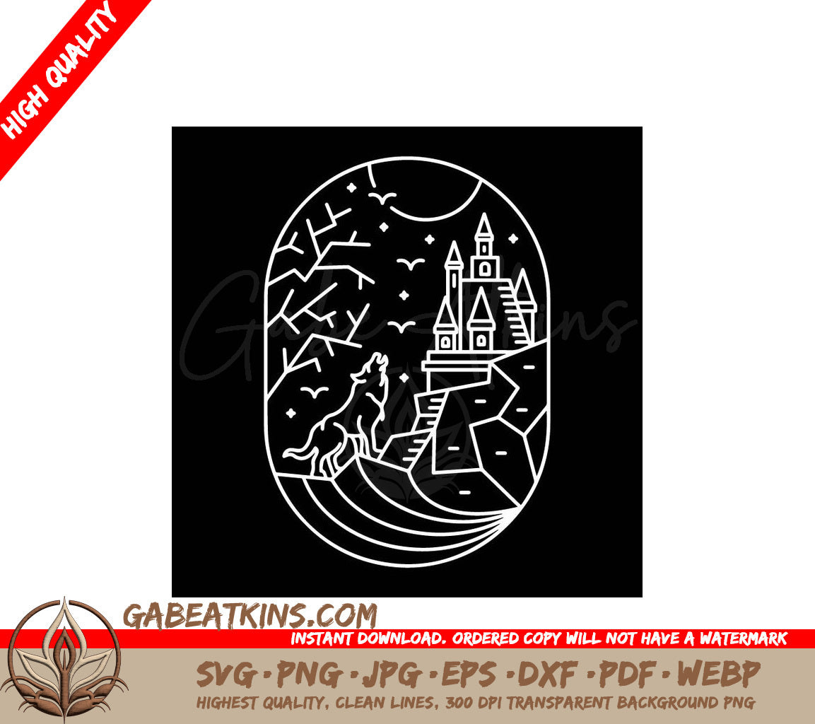 Wolf Howling at Castle SVG - Halloween Line Drawing SVG