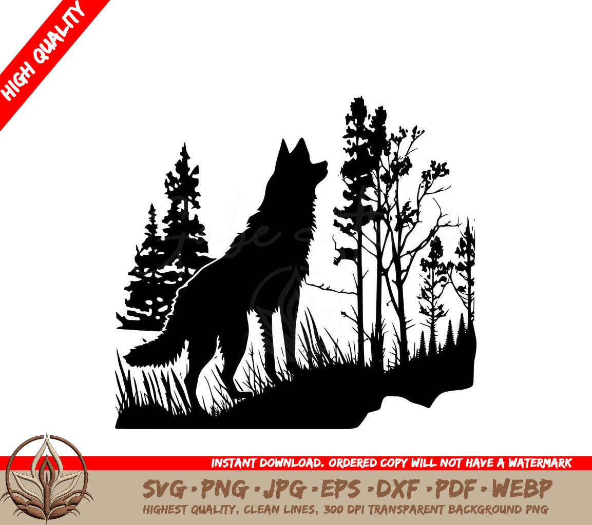 Wolf Among Trees Digital Design File (SVG, PNG, JPG, AI, PDF, DXF, EPS, WebP) 
