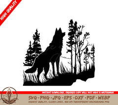 Wolf Among Trees Digital Design File (SVG, PNG, JPG, AI, PDF, DXF, EPS, WebP) 
