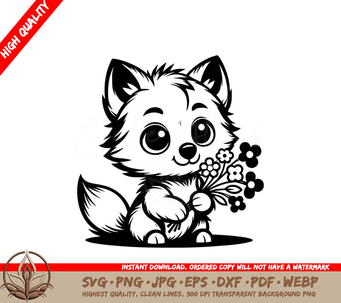 Wolf Cub Bouquet Digital Design File (SVG, PNG, JPG, AI, PDF, DXF, EPS, WebP) 
