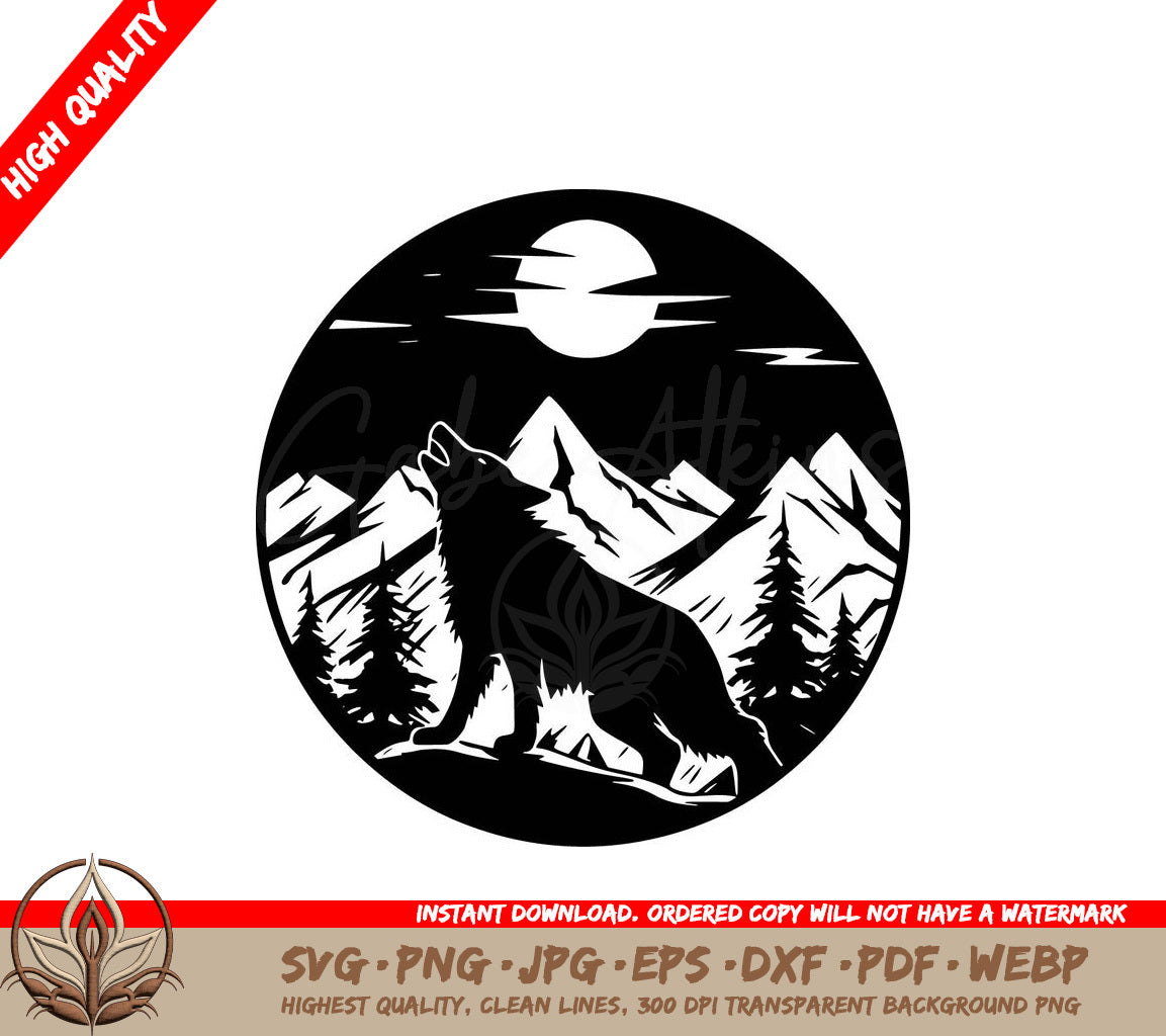 Wolf Howling at Moon Digital Design in SVG, PNG, JPG, AI, PDF, DXF, EPS and WebP Formats 
