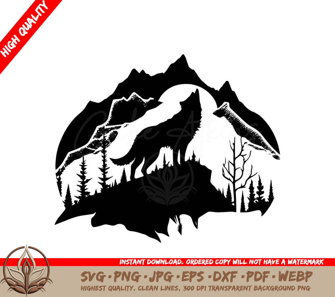 Wolf of the Mountains Digital Design File (SVG, PNG, JPG, AI, PDF, DXF, EPS, WebP) 
