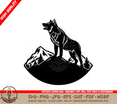 Wolf on Mountain Digital Design in SVG, PNG, JPG, AI, PDF, DXF, EPS  WebP Formats 
