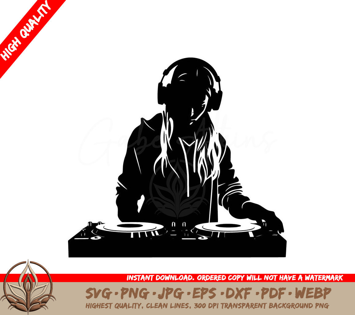 Woman DJ Playing Music Digital Design in SVG, PNG, JPG, AI, PDF, DXF, EPS and WebP Formats 
