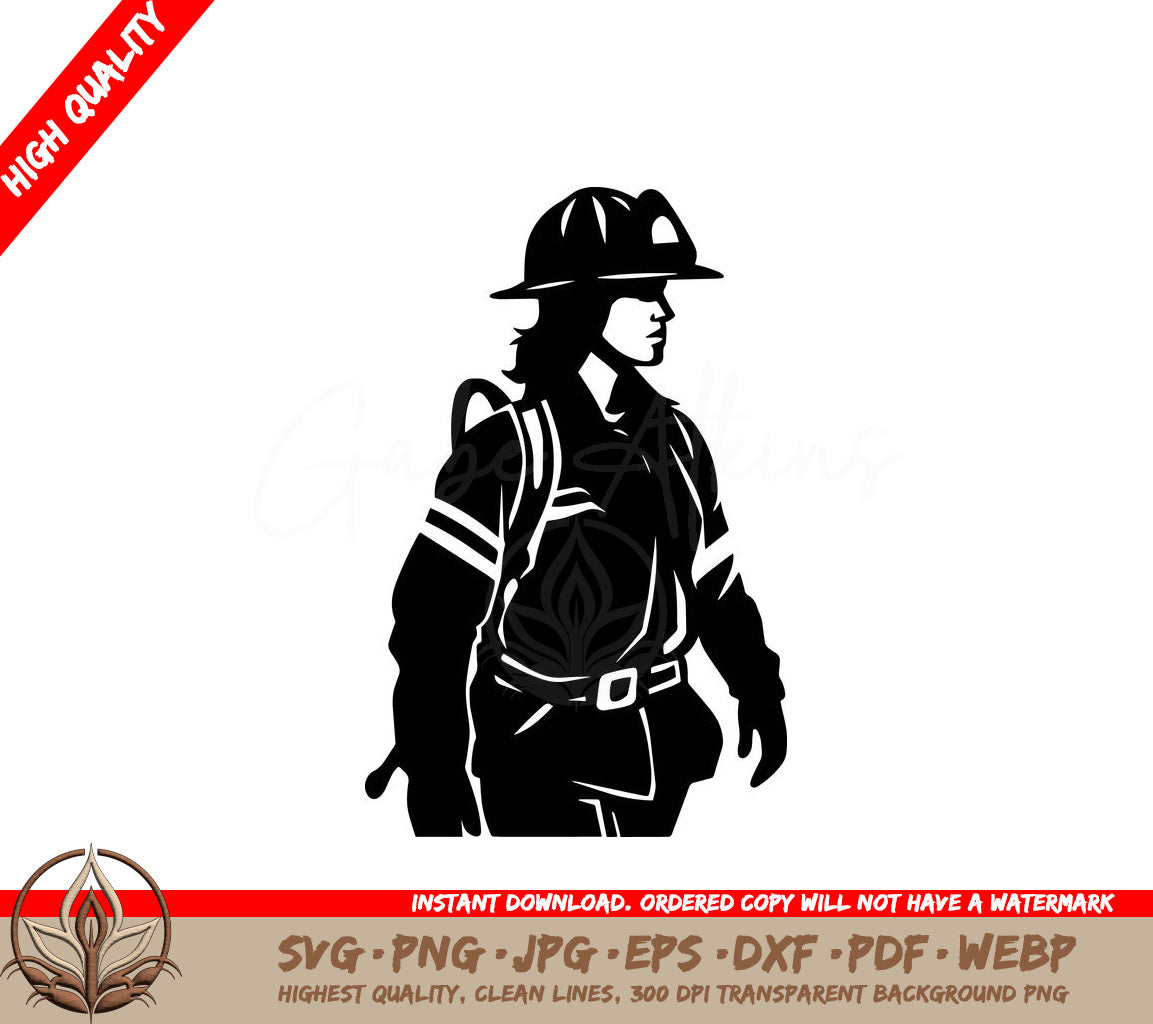 Woman Firefighter in Uniform Digital Design File (SVG, PNG, JPG, AI, PDF, DXF, EPS, WebP) 
