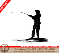 Woman Fishing Digital Design Cut File in SVG PNG JPG AI PDF DXF EPS and WebP Formats 
