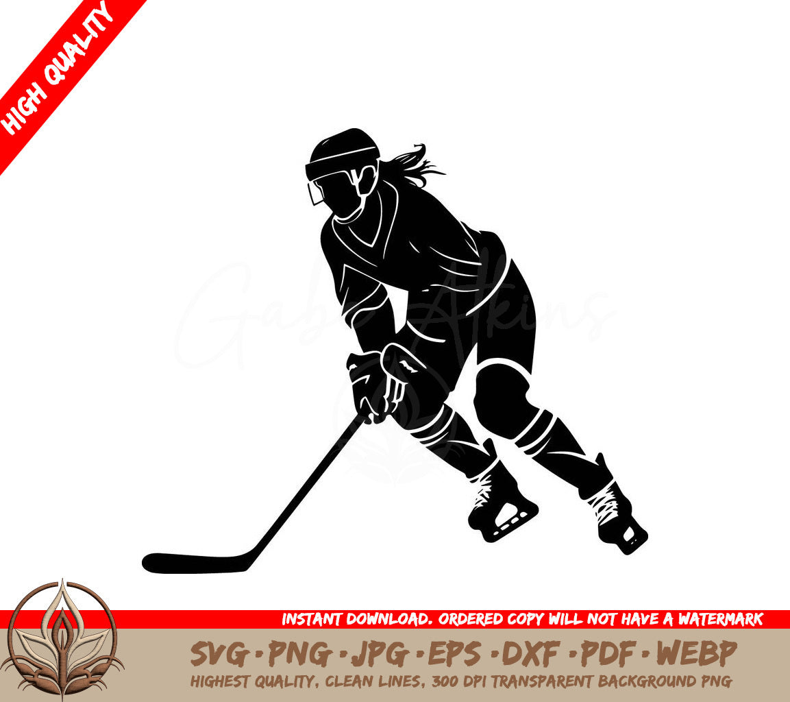 Woman Hockey Player Digital Design File in SVG, PNG, JPG, AI, PDF, DXF, EPS and WebP Formats 
