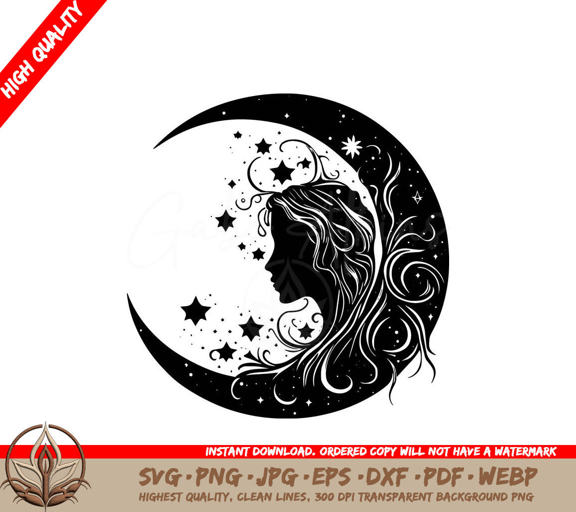 Woman Silhouette in Moon: Multi-Format Digital Design File 
