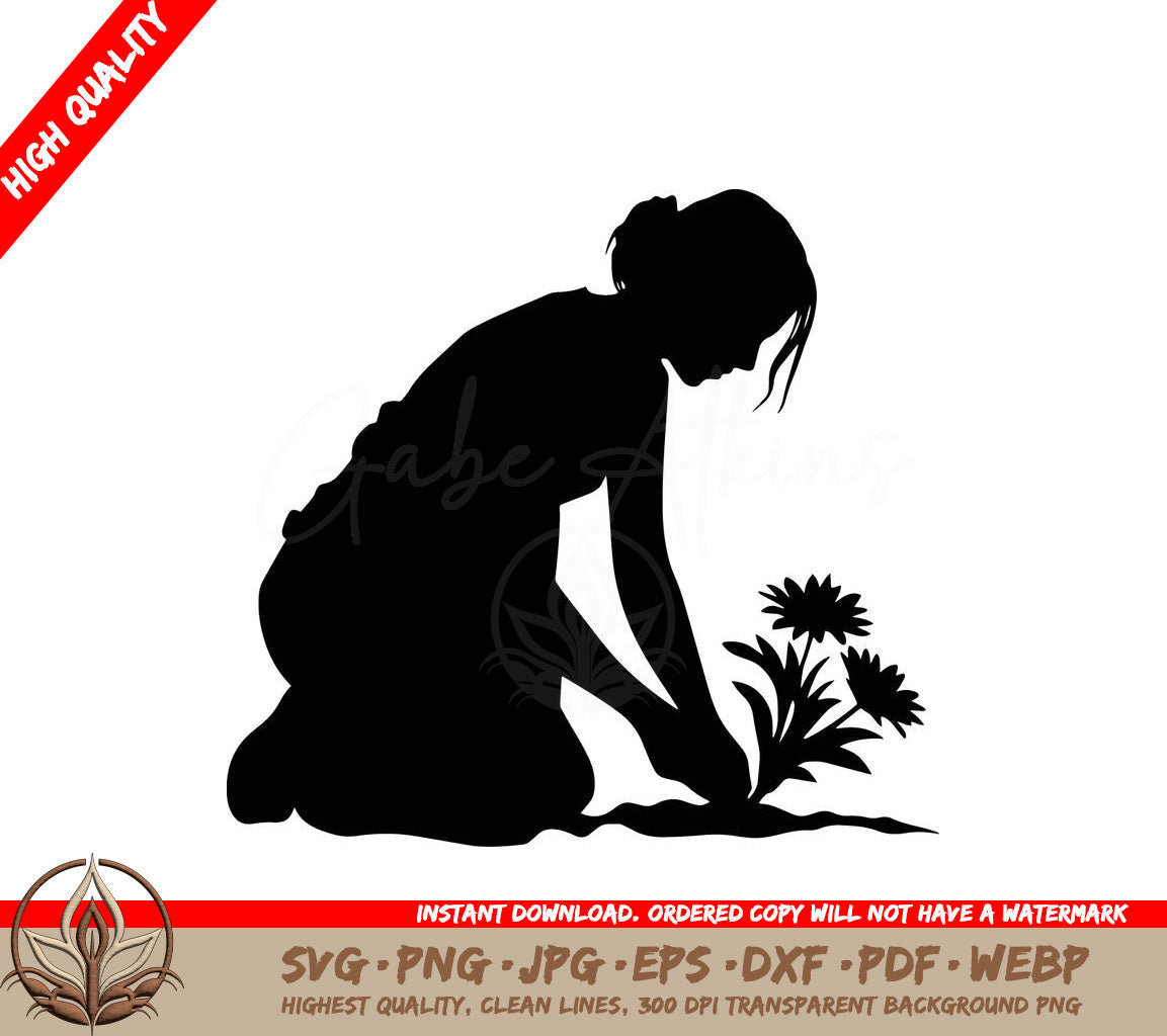 Woman Tending Garden Digital Design File in Multiple Formats 
