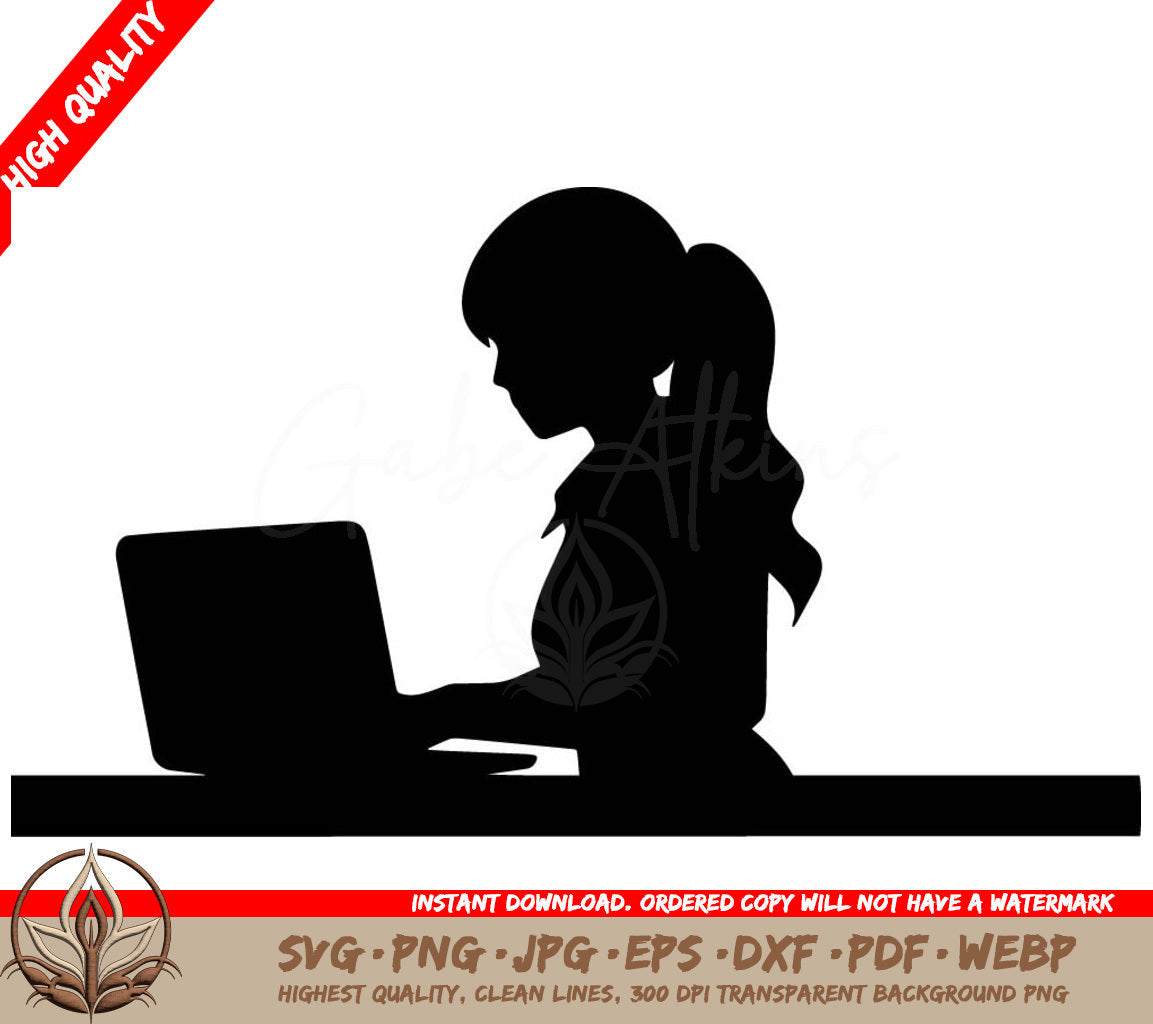 Woman Using Laptop: Digital Design in Multiple File Formats (SVG, PNG, JPG, AI, PDF, DXF, EPS, WebP) 
