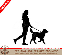 Woman Walking Dog Digital Design Cut File in SVG, PNG, JPG, AI, PDF, DXF, EPS and WebP Formats 
