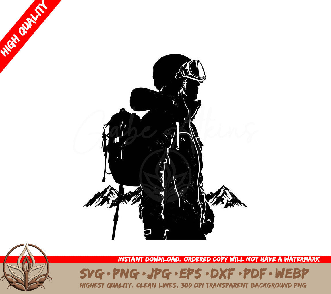 Woman Wearing Ski Jacket in Mountains: Multi-Format Digital Graphic Design File 
