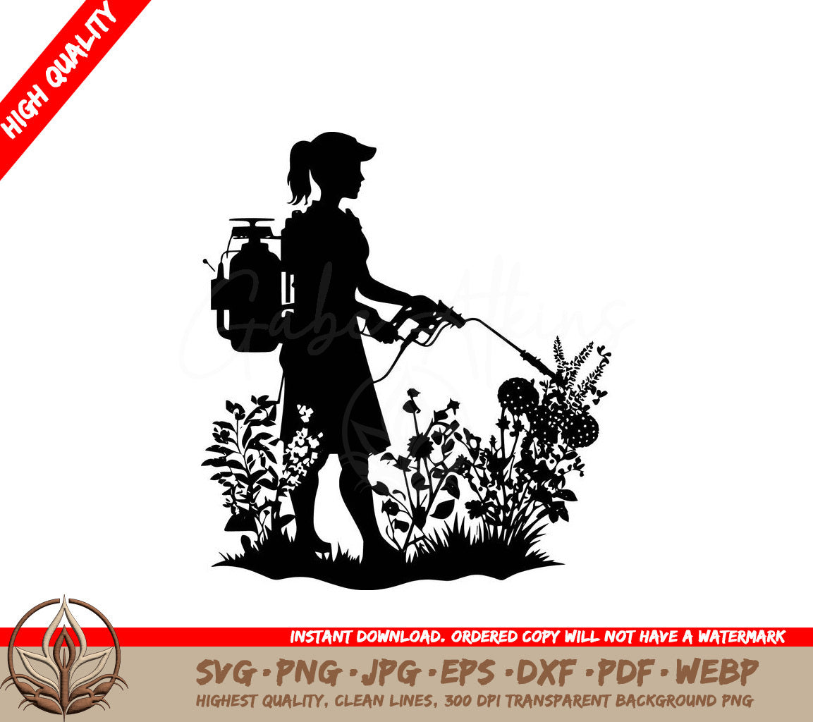 Woman With Garden Sprayer Digital Design in Multiple File Formats (SVG, PNG, JPG, AI, PDF, DXF, EPS, WebP) 
