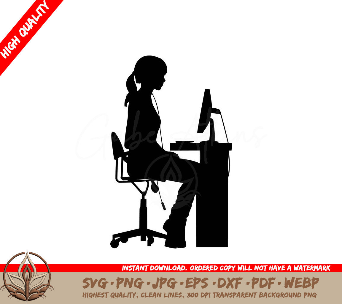 Woman at Desk - Digital Design in Multiple File Formats (SVG, PNG, JPG, AI, PDF, DXF, EPS, WebP) 
