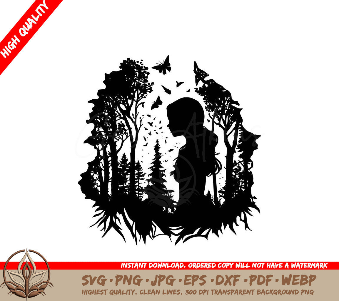 Woman in Forest: Multi-format Digital Design File (SVG, PNG, JPG, AI, PDF, DXF, EPS, WebP) 
