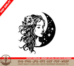 Woman in the Crescent Moon Digital Design File (SVG, PNG, JPG, AI, PDF, DXF, EPS, WebP) 
