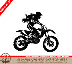 Woman on Dirt Bike Digital Design File (SVG, PNG, JPG, AI, PDF, DXF, EPS, WebP) 
