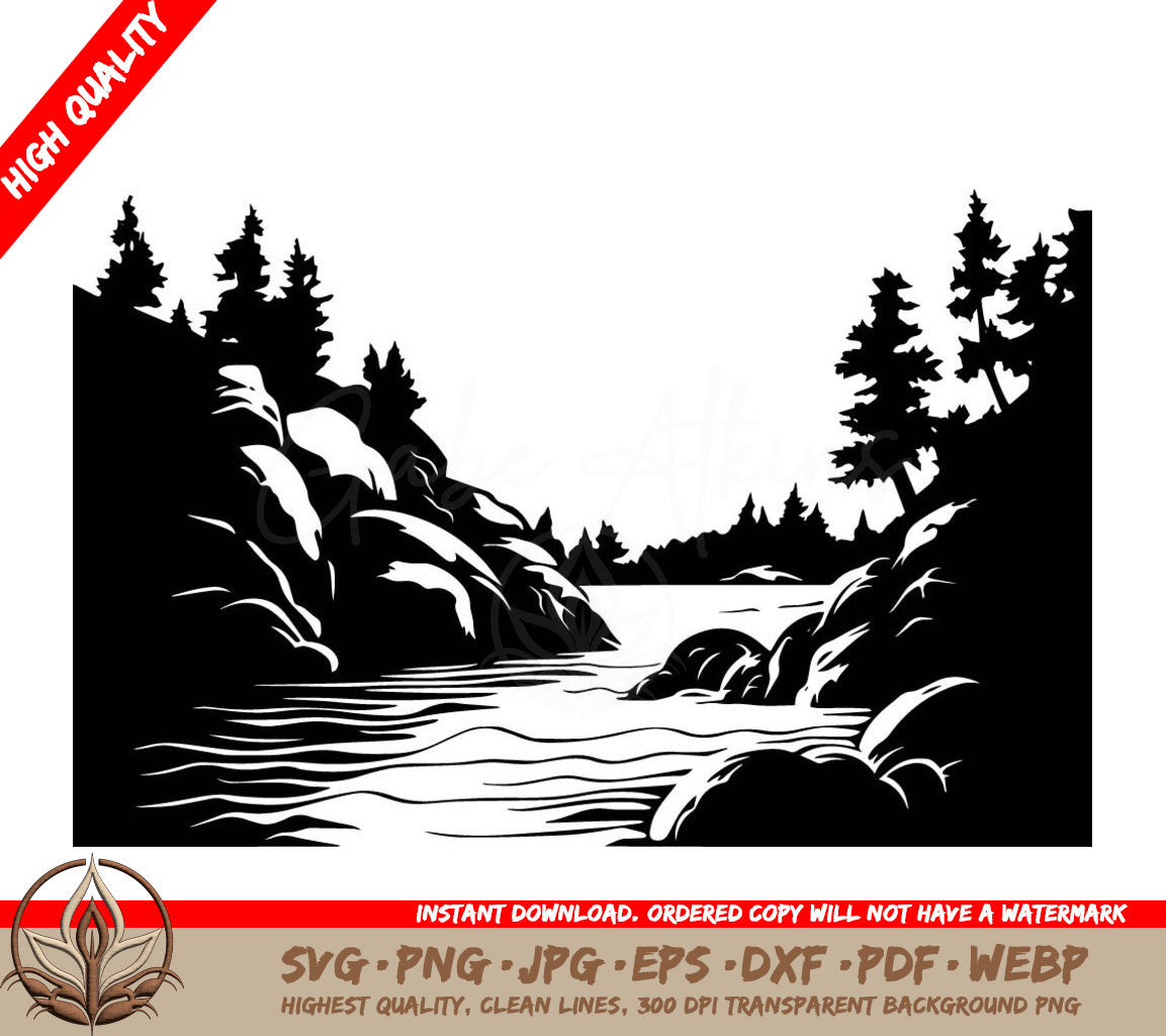 Wooded River Canyon Digital Design in SVG, PNG, JPG, AI, PDF, DXF, EPS  WebP Formats 
