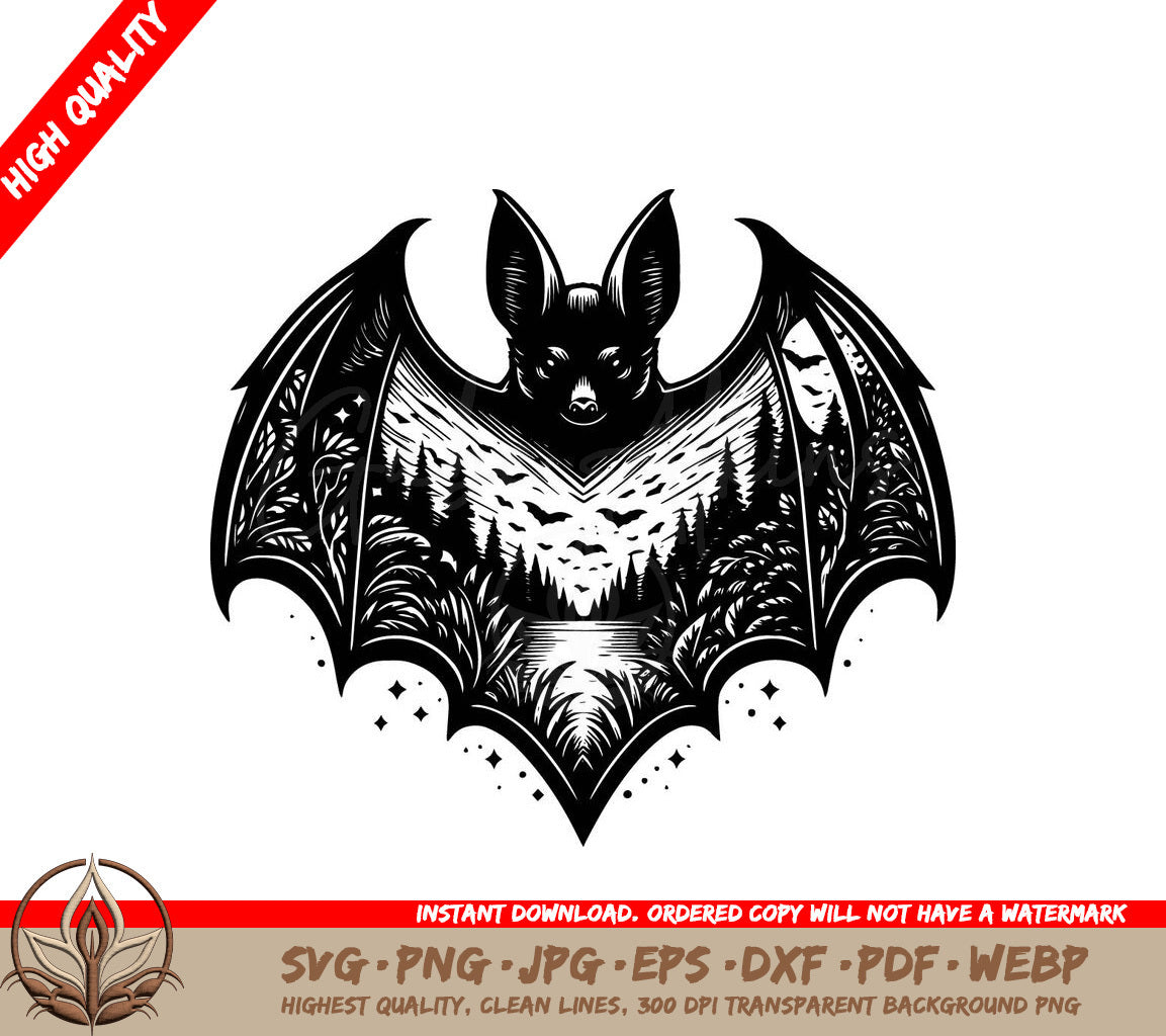 Woodland Bat Night Digital Design File (SVG, PNG, JPG, AI, PDF, DXF, EPS, WebP) 
