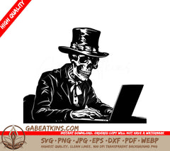 A Skeleton Wearing A Top Hat Is Typing On A Laptop